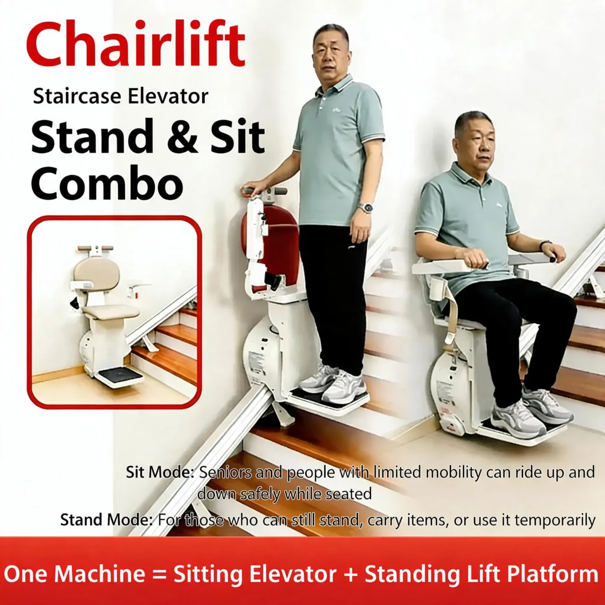 2 in 1 Stair Lift | Seated and Standing Stair Lift, Electric Stair Climber, Motorized Chair Stair Lift for Home Indoor & Outdoor Stairs